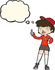 cartoon skater girl giving thumbs up symbol with thought bubble