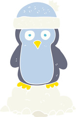 flat color illustration of penguin wearing hat