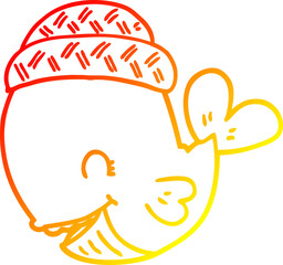 warm gradient line drawing of a cartoon whale wearing hat