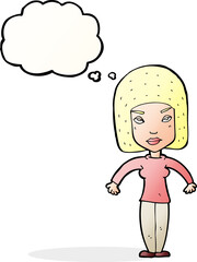 cartoon woman shrugging shoulders with thought bubble