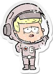 distressed sticker of a cartoon tired astronaut