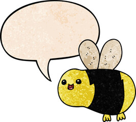 cartoon bee with speech bubble in retro texture style