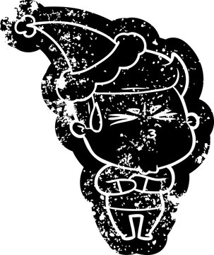 Quirky Cartoon Distressed Icon Of A Frustrated Man Wearing Santa Hat