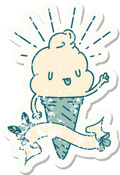 worn old sticker of a tattoo style ice cream character waving