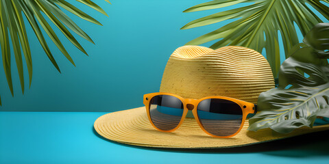 straw hat and sunglasses on the beach with blue background great for summer theme.