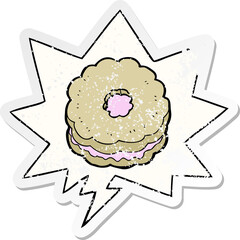 cartoon biscuit with speech bubble distressed distressed old sticker