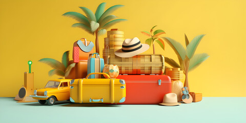 3D holiday summer travel. back ground yellow tone.