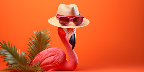 Pink flamingo with hat and sun glasses and summer theme with bright orange back ground.