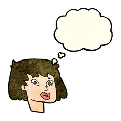 cartoon pretty female face with thought bubble