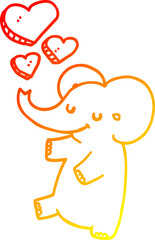 warm gradient line drawing of a cartoon elephant with love hearts
