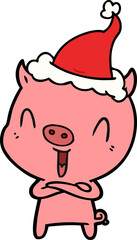 happy hand drawn line drawing of a pig wearing santa hat