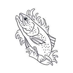 Hand drawn illustration of trout fishing outline