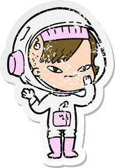 distressed sticker of a cartoon astronaut woman