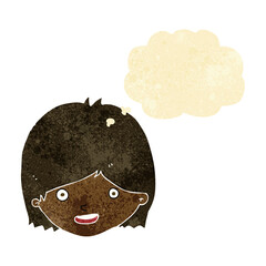 cartoon happy female face with thought bubble