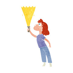 freehand retro cartoon woman searching with torch