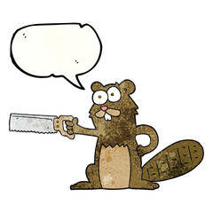 freehand speech bubble textured cartoon beaver with saw