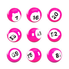 Collection of 9 candy pink bingo balls. 3D rendered bingo balls with numbers. Transparent background PNG.