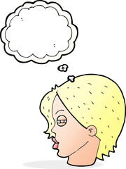 cartoon female face with narrowed eyes with thought bubble