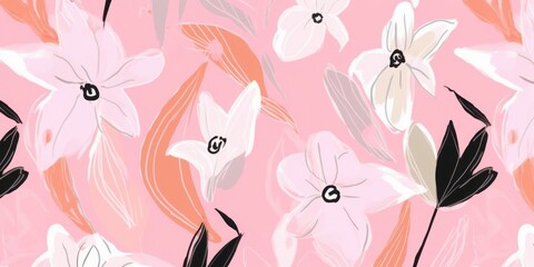 Hand drawn cute pink artistic flowers print. Modern botanical pattern. Fashionable template for design, Generative AI
