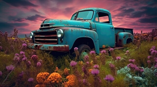 
Alter, staubig blaugrüner und rostiger Pickup Truck auf einem Feld voller Wildblumen vor lila Himmel in satten Farben, Generative AI