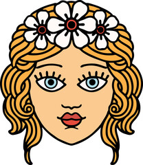 tattoo in traditional style of female face with crown of flowers