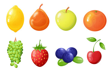 Fruits and berries cartoon illustration set. Game interface elements.