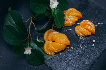 Peeled tangerine in the form of a flower on a plant