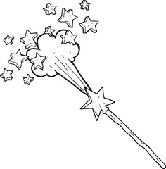 freehand drawn black and white cartoon magic wand