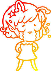 warm gradient line drawing of a cartoon crying alien girl