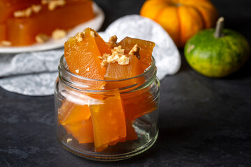 Traditional delicious Turkish cuisine; Pumpkin dessert or jam (Turkish name; Kirecte kabak receli ya da kabak tatlisi)