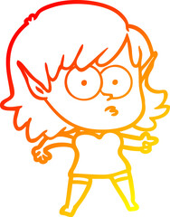 warm gradient line drawing of a cartoon shocked elf girl