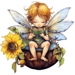 Fototapeta premium Cute fairy reading a book Watercolor illustration, AI Generative