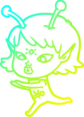 cold gradient line drawing of a pretty cartoon alien girl