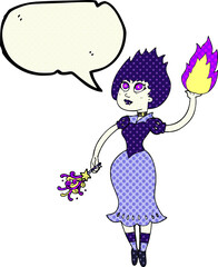 freehand drawn comic book speech bubble cartoon vampire girl casting fireball
