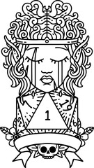 Black and White Tattoo linework Style sad elf barbarian character with natural one roll