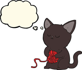 cartoon cute black cat playing with ball of yarn with thought bubble