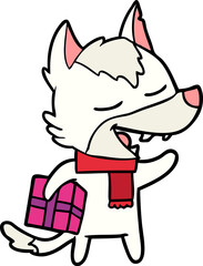 cartoon wolf with christmas present laughing