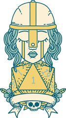 Retro Tattoo Style crying human fighter with natural one D20 dice