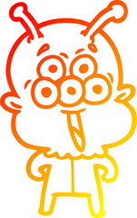 warm gradient line drawing of a happy cartoon alien