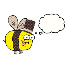 freehand drawn thought bubble cartoon bee wearing hat