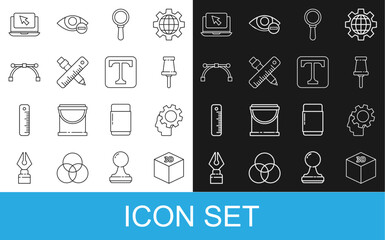 Set line Isometric cube, Human head with gear inside, Push pin, Magnifying glass, Crossed ruler and pencil, Bezier curve, Laptop cursor and Text icon. Vector