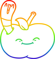 rainbow gradient line drawing of a cartoon happy worm in an apple