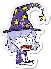 distressed sticker of a funny witch girl cartoon