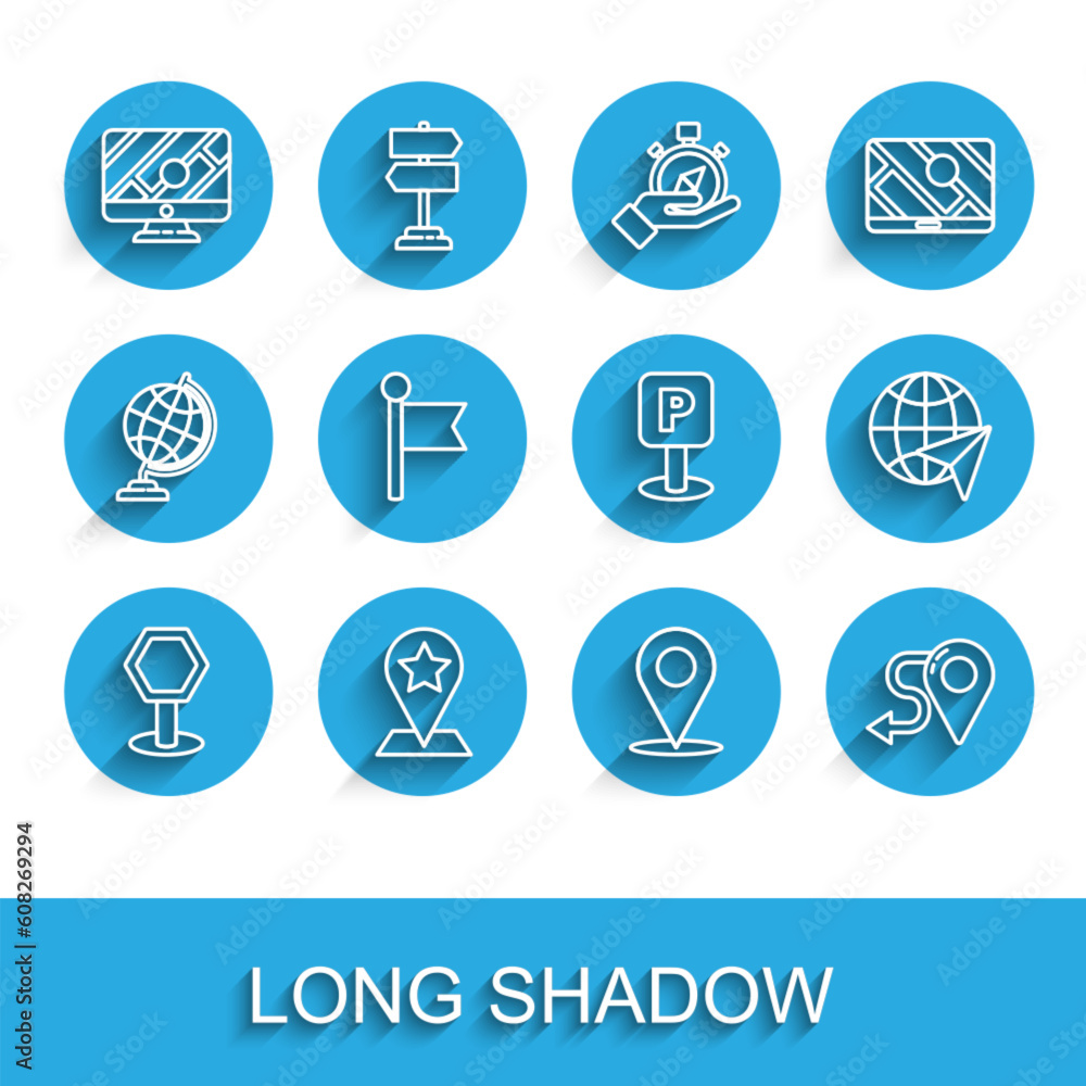 Poster set line road traffic sign, map pointer with star, monitor location marker, location, route, globe f