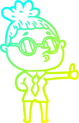 cold gradient line drawing of a cartoon woman wearing glasses
