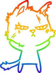rainbow gradient line drawing of a tough cartoon cat