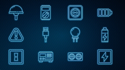 Set line Lightning bolt, Battery, Electrical outlet, USB cable cord, Exclamation mark triangle, emitting diode, and Multimeter icon. Vector