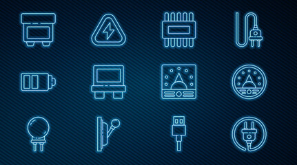 Set line Electric plug, Ampere meter, multimeter, voltmeter, Processor with microcircuits CPU, Fuse, Battery charge level indicator, and High voltage icon. Vector