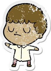 distressed sticker of a cartoon grumpy boy