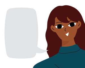 Black brunette reports information. Empty space for text, message